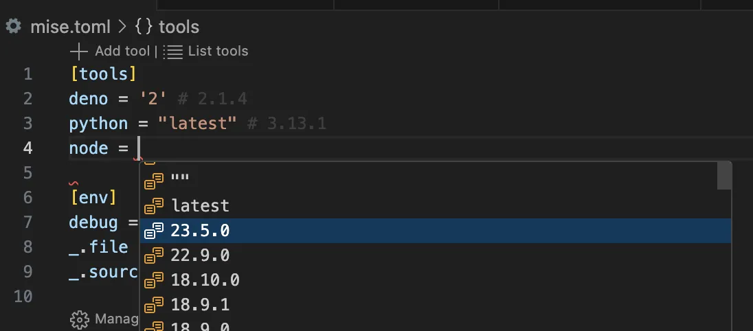 Screenshot showing autocompletion of tool version