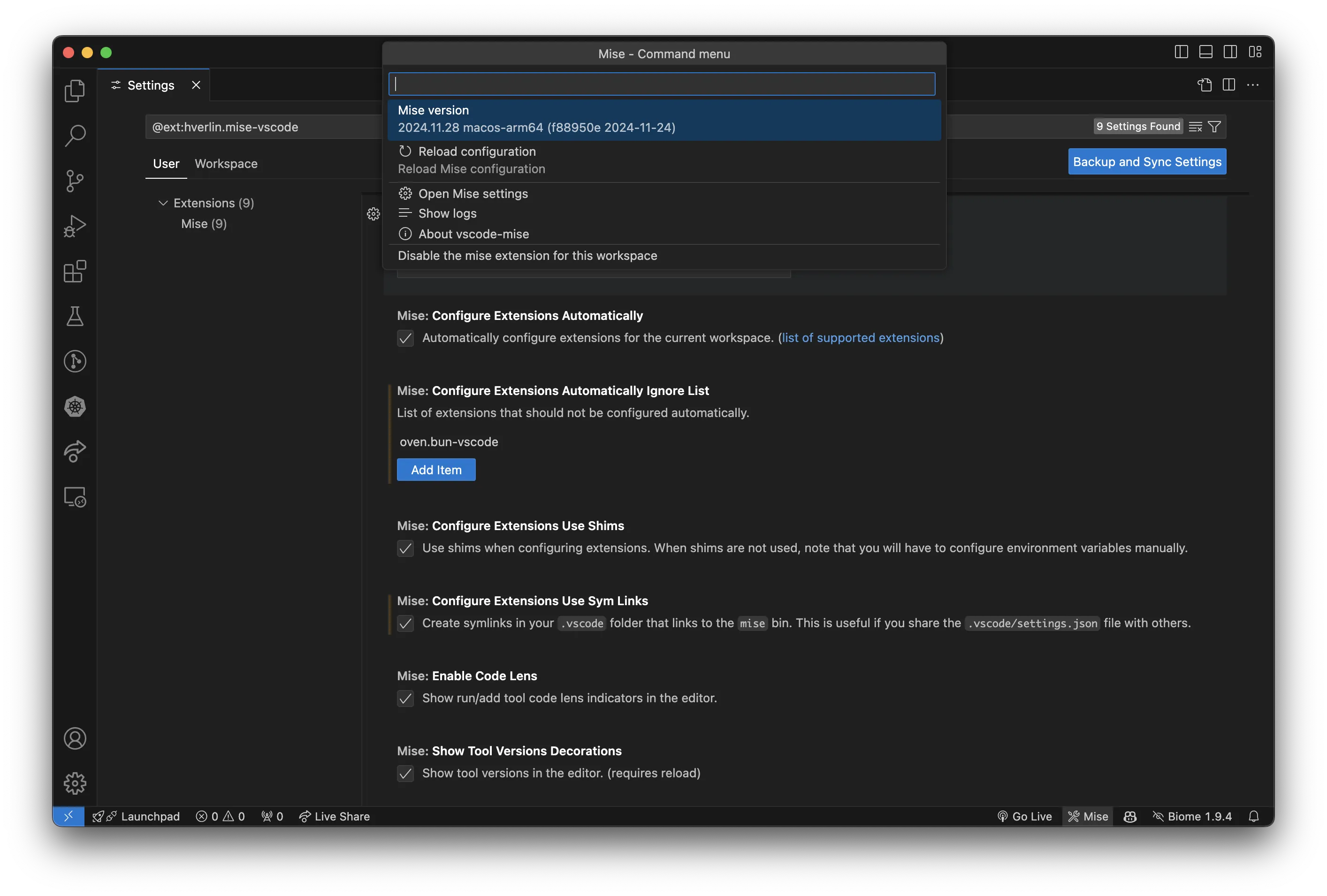 picture showing mise extension settings